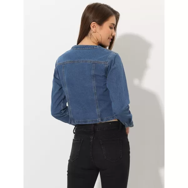 Allegra K Denim Jacket for Women's Collarless Button Down Crop Jean Jackets