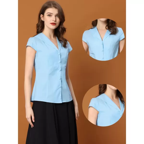 Allegra K Vintage Work Blouse for Women's V Neck Collared Button Down Cap Sleeves Shirt