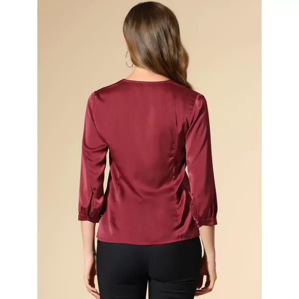 Allegra K Women's Casual Dressy Office Blouses 3/4 Sleeve V Neck Satin Shirt