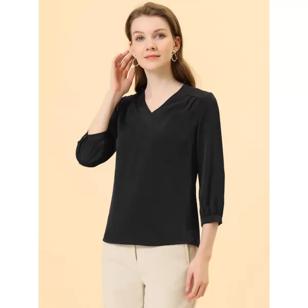 Allegra K Women's Casual Dressy Office Blouses 3/4 Sleeve V Neck Satin Shirt