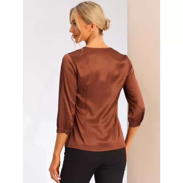 Allegra K Women's Casual Dressy Office Blouses 3/4 Sleeve V Neck Satin Shirt