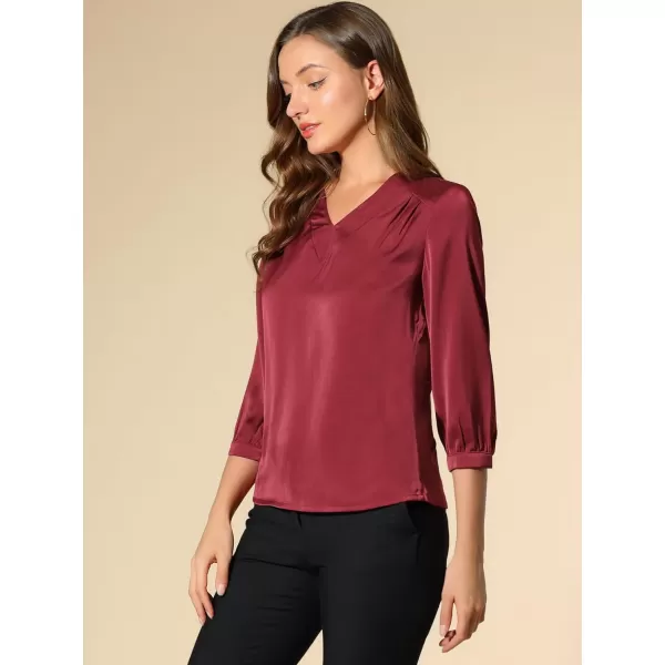 Allegra K Women's Casual Dressy Office Blouses 3/4 Sleeve V Neck Satin Shirt