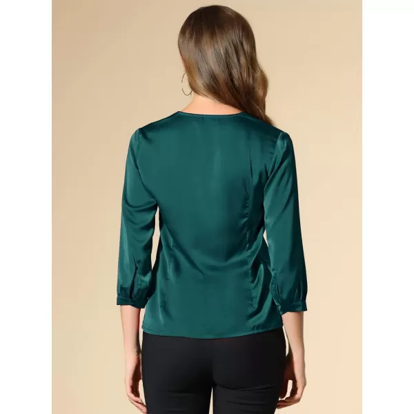 Allegra K Women's Casual Dressy Office Blouses 3/4 Sleeve V Neck Satin Shirt