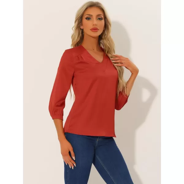 Allegra K Women's Casual Dressy Office Blouses 3/4 Sleeve V Neck Satin Shirt