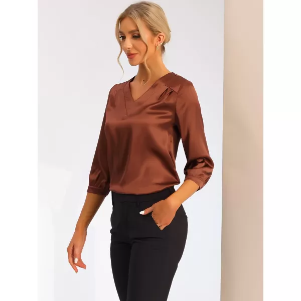 Allegra K Women's Casual Dressy Office Blouses 3/4 Sleeve V Neck Satin Shirt