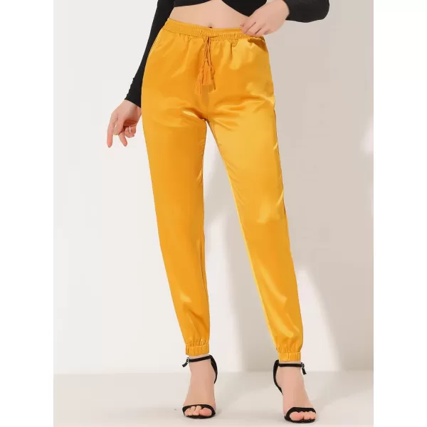 Allegra K Women's Drawstring Elastic Waist Athleisure Pants Ankle Length Satin Joggers with Pocket