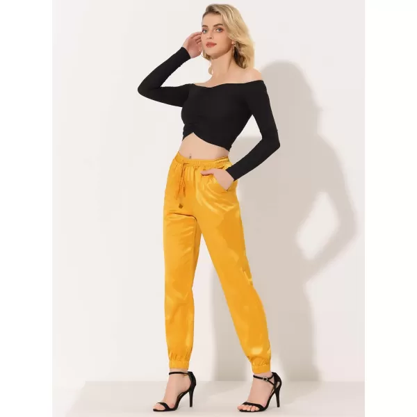 Allegra K Women's Drawstring Elastic Waist Athleisure Pants Ankle Length Satin Joggers with Pocket