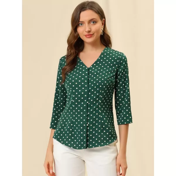 Allegra K Women's Polka Dots 3/4 Sleeve Button Front Vintage Office Blouse Top