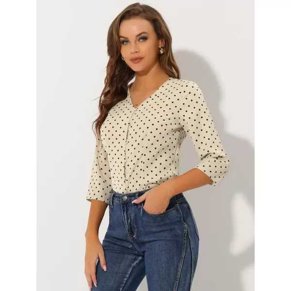 Allegra K Women's Polka Dots 3/4 Sleeve Button Front Vintage Office Blouse Top