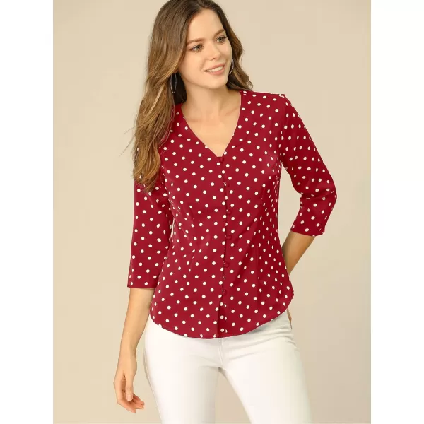 Allegra K Women's Polka Dots 3/4 Sleeve Button Front Vintage Office Blouse Top