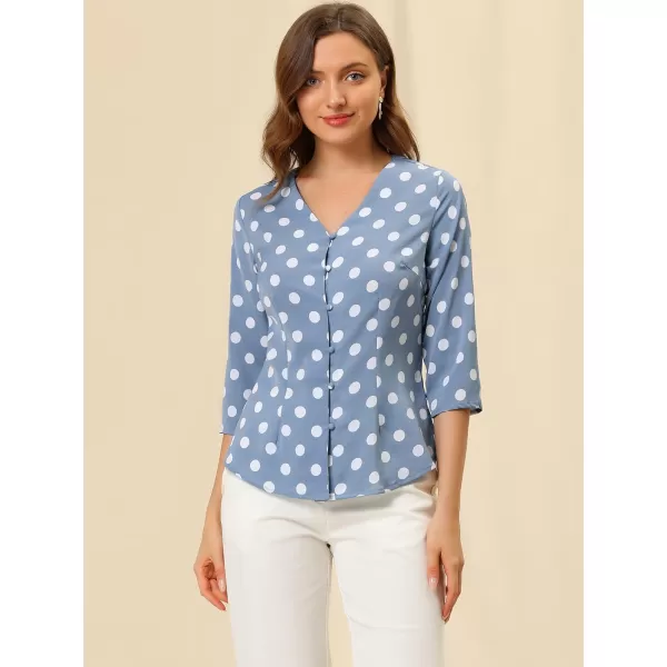 Allegra K Women's Polka Dots 3/4 Sleeve Button Front Vintage Office Blouse Top