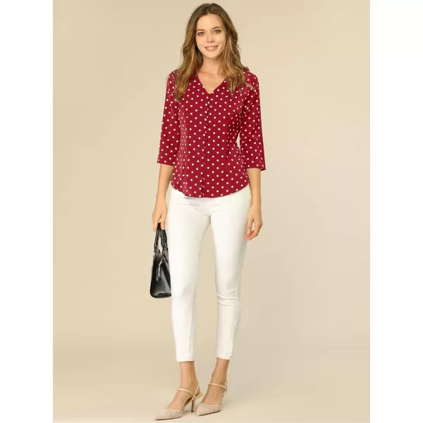 Allegra K Women's Polka Dots 3/4 Sleeve Button Front Vintage Office Blouse Top