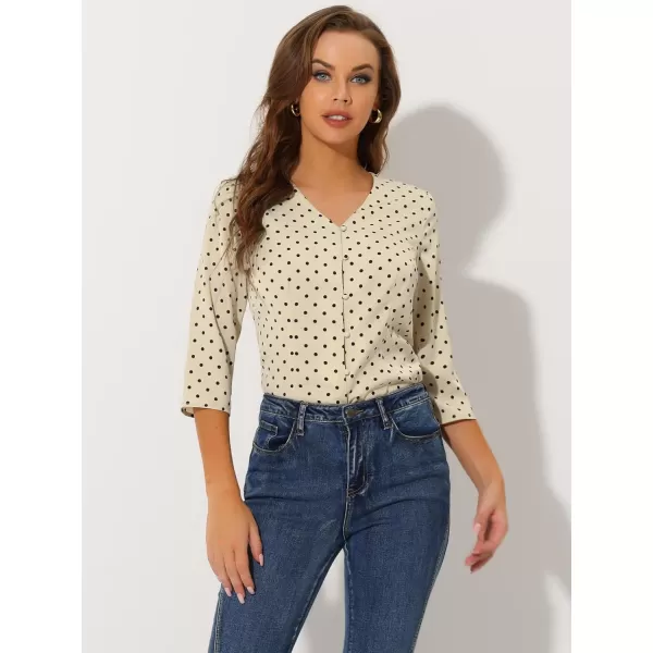 Allegra K Women's Polka Dots 3/4 Sleeve Button Front Vintage Office Blouse Top