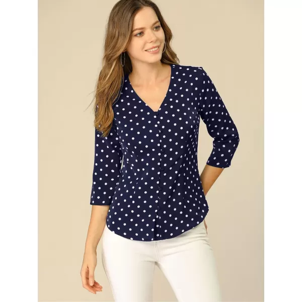 Allegra K Women's Polka Dots 3/4 Sleeve Button Front Vintage Office Blouse Top