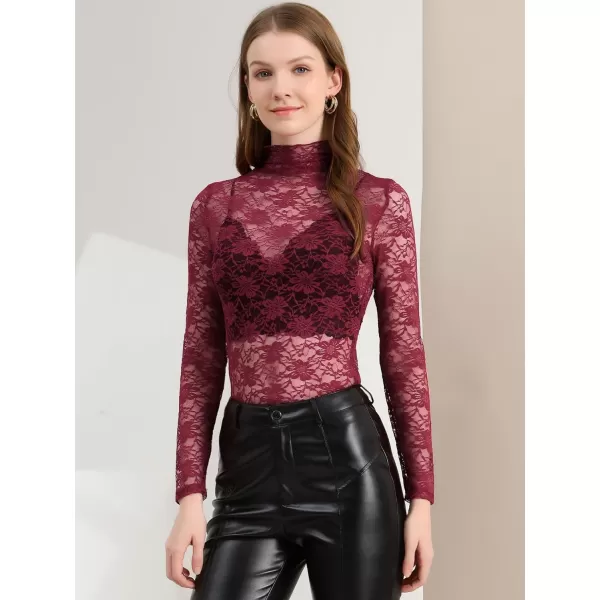 Allegra K Women's See Through Long Sleeve Turtleneck Sheer Floral Lace Blouse Top