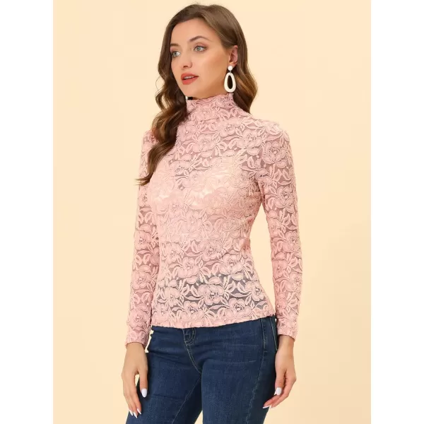 Allegra K Women's See Through Long Sleeve Turtleneck Sheer Floral Lace Blouse Top