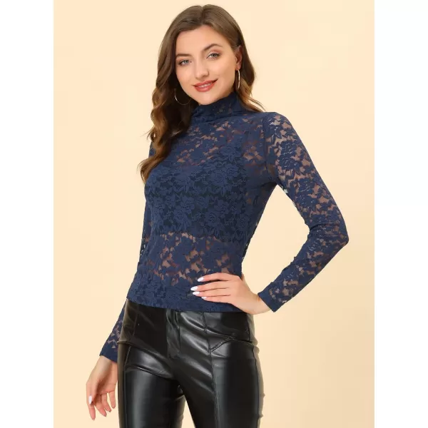 Allegra K Women's See Through Long Sleeve Turtleneck Sheer Floral Lace Blouse Top