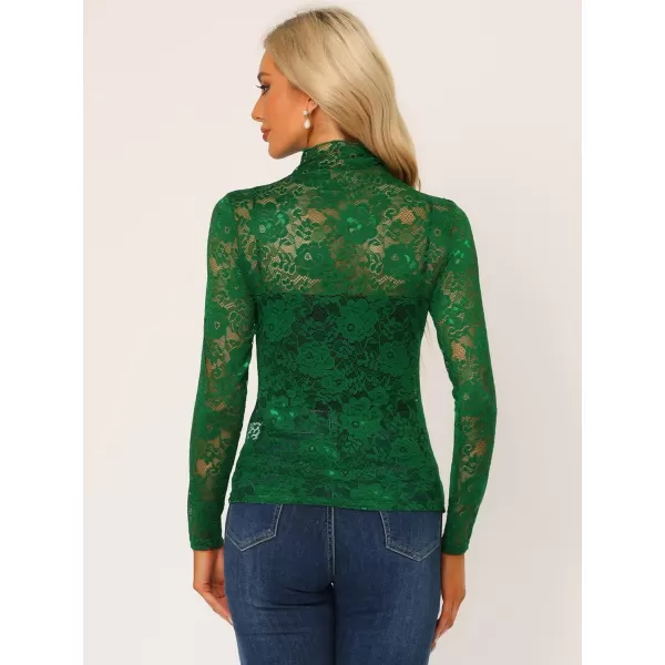 Allegra K Women's See Through Long Sleeve Turtleneck Sheer Floral Lace Blouse Top