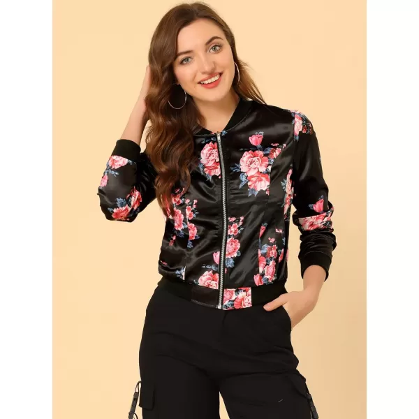 Allegra K Women's Stand Collar Zip Up Floral Print Bomber Jacket