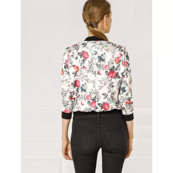 Allegra K Women's Stand Collar Zip Up Floral Print Bomber Jacket