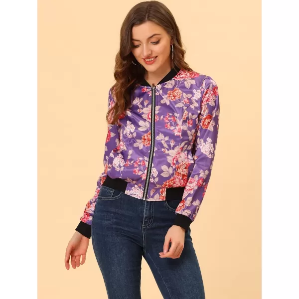 Allegra K Women's Stand Collar Zip Up Floral Print Bomber Jacket