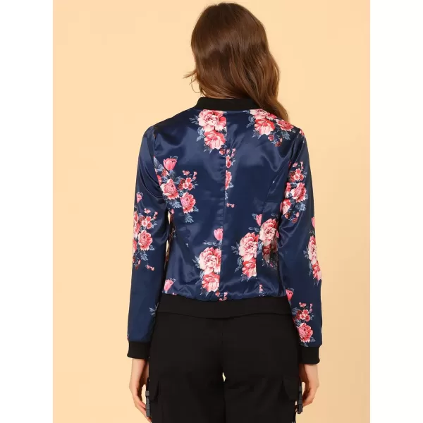 Allegra K Women's Stand Collar Zip Up Floral Print Bomber Jacket