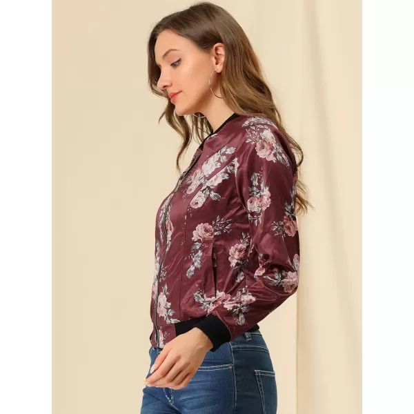 Allegra K Women's Stand Collar Zip Up Floral Print Bomber Jacket