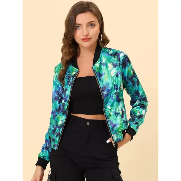 Allegra K Women's Stand Collar Zip Up Floral Print Bomber Jacket