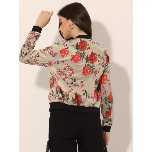 Allegra K Women's Stand Collar Zip Up Floral Print Bomber Jacket