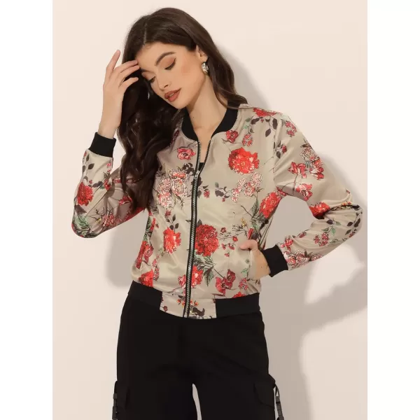 Allegra K Women's Stand Collar Zip Up Floral Print Bomber Jacket