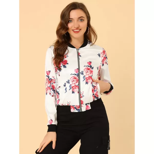 Allegra K Women's Stand Collar Zip Up Floral Print Bomber Jacket