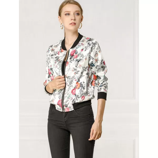 Allegra K Women's Stand Collar Zip Up Floral Print Bomber Jacket