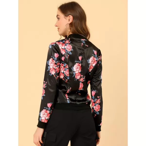 Allegra K Women's Stand Collar Zip Up Floral Print Bomber Jacket