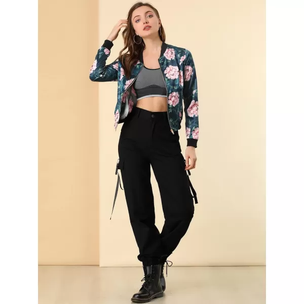 Allegra K Women's Stand Collar Zip Up Floral Print Bomber Jacket