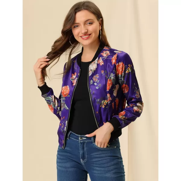 Allegra K Women's Stand Collar Zip Up Floral Print Bomber Jacket