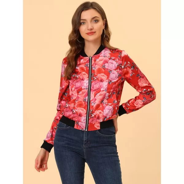 Allegra K Women's Stand Collar Zip Up Floral Print Bomber Jacket