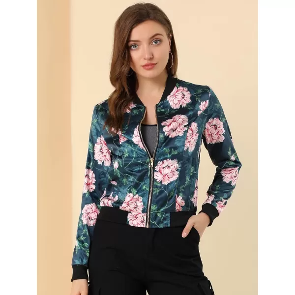 Allegra K Women's Stand Collar Zip Up Floral Print Bomber Jacket