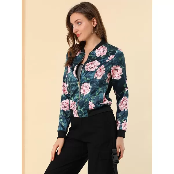 Allegra K Women's Stand Collar Zip Up Floral Print Bomber Jacket