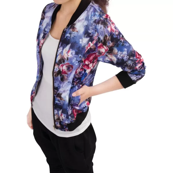 Allegra K Women's Stand Collar Zip Up Floral Print Bomber Jacket