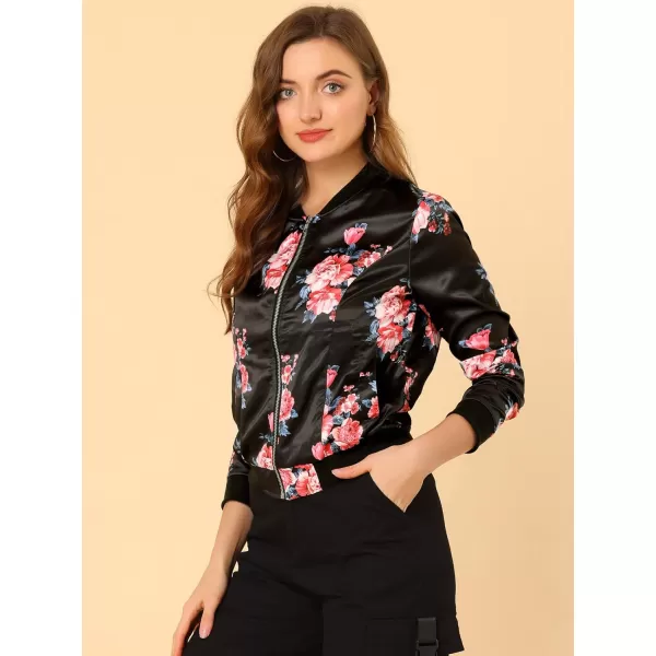 Allegra K Women's Stand Collar Zip Up Floral Print Bomber Jacket