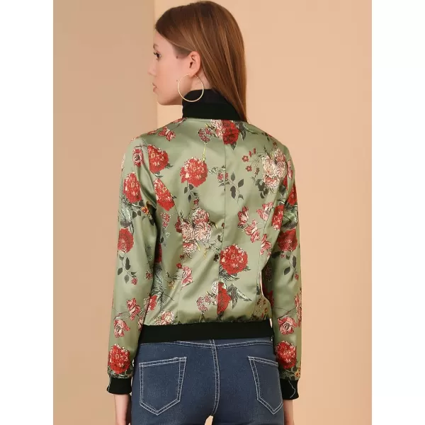 Allegra K Women's Stand Collar Zip Up Floral Print Bomber Jacket