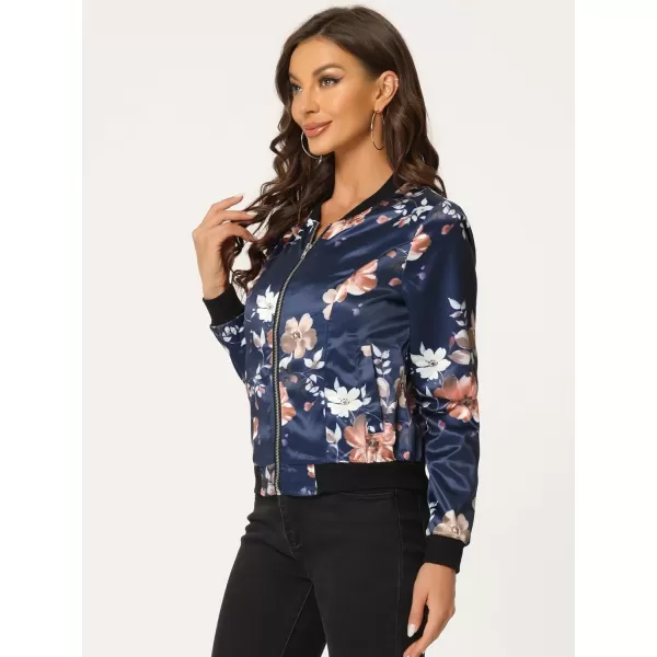 Allegra K Women's Stand Collar Zip Up Floral Print Bomber Jacket