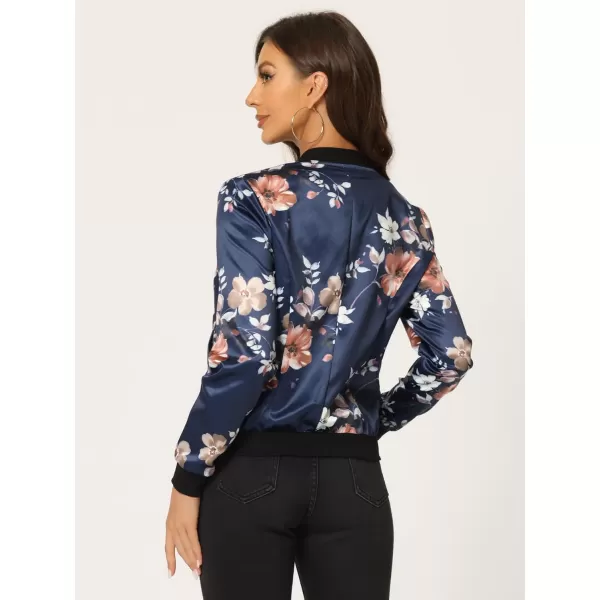 Allegra K Women's Stand Collar Zip Up Floral Print Bomber Jacket