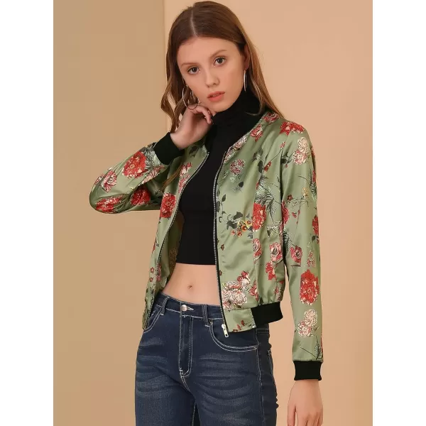 Allegra K Women's Stand Collar Zip Up Floral Print Bomber Jacket