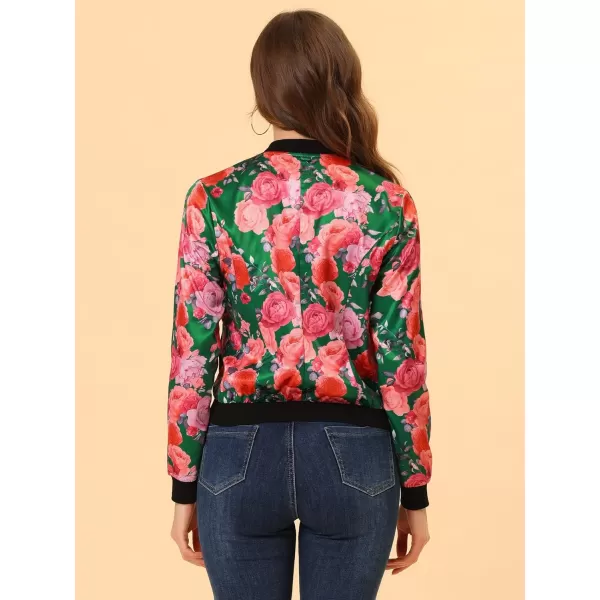 Allegra K Women's Stand Collar Zip Up Floral Print Bomber Jacket