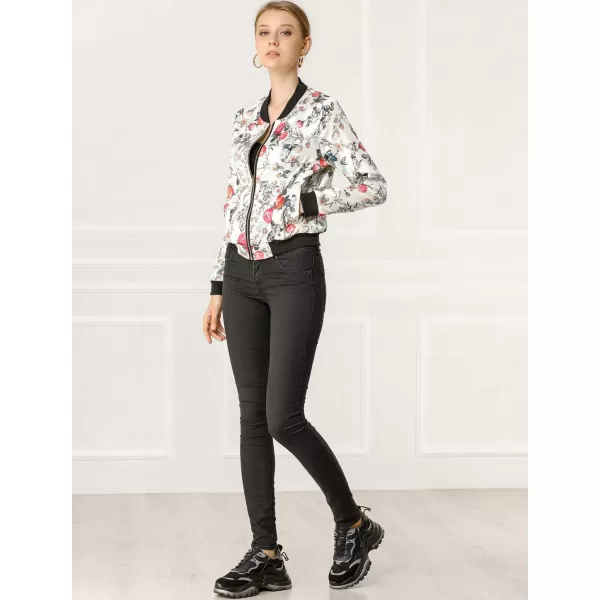 Allegra K Women's Stand Collar Zip Up Floral Print Bomber Jacket