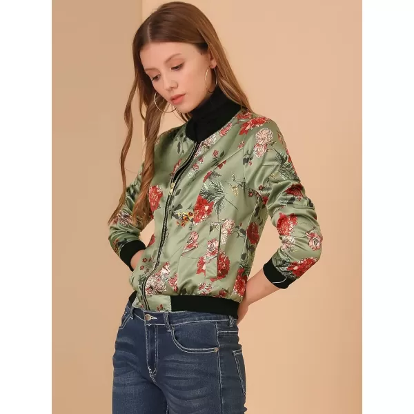 Allegra K Women's Stand Collar Zip Up Floral Print Bomber Jacket