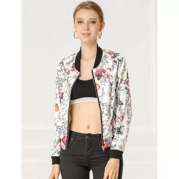 Allegra K Women's Stand Collar Zip Up Floral Print Bomber Jacket