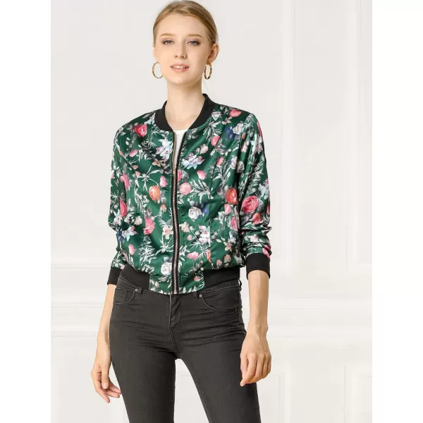 Allegra K Women's Stand Collar Zip Up Floral Print Bomber Jacket