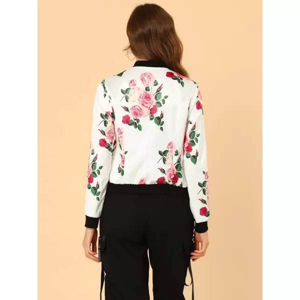 Allegra K Women's Stand Collar Zip Up Floral Print Bomber Jacket